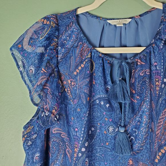 Lucky Brand Women's Blue Paisley Floral Flutter Sleeve Boho Blouse Size Large - Picture 4 of 7